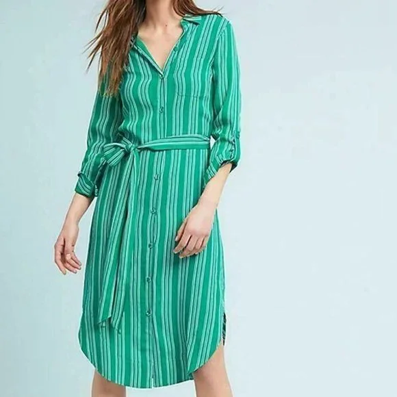 MAEVE by Anthropologie 6 Martina Green White Striped Shirt Dress Midi NO BELT MAEVE by Anthropologie 6 Martina Green White Striped Shirt Dress Midi NO BELT